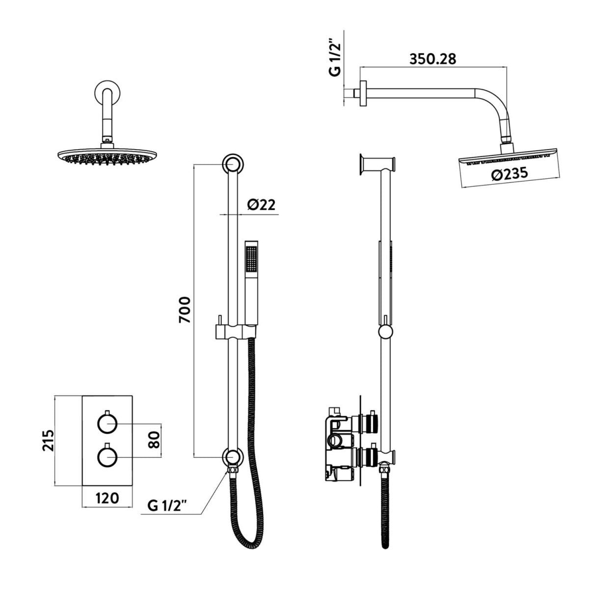 AM00057 - Amara Runswick Round Handle with Head and Handset Riser Kit in Black - Coa Living