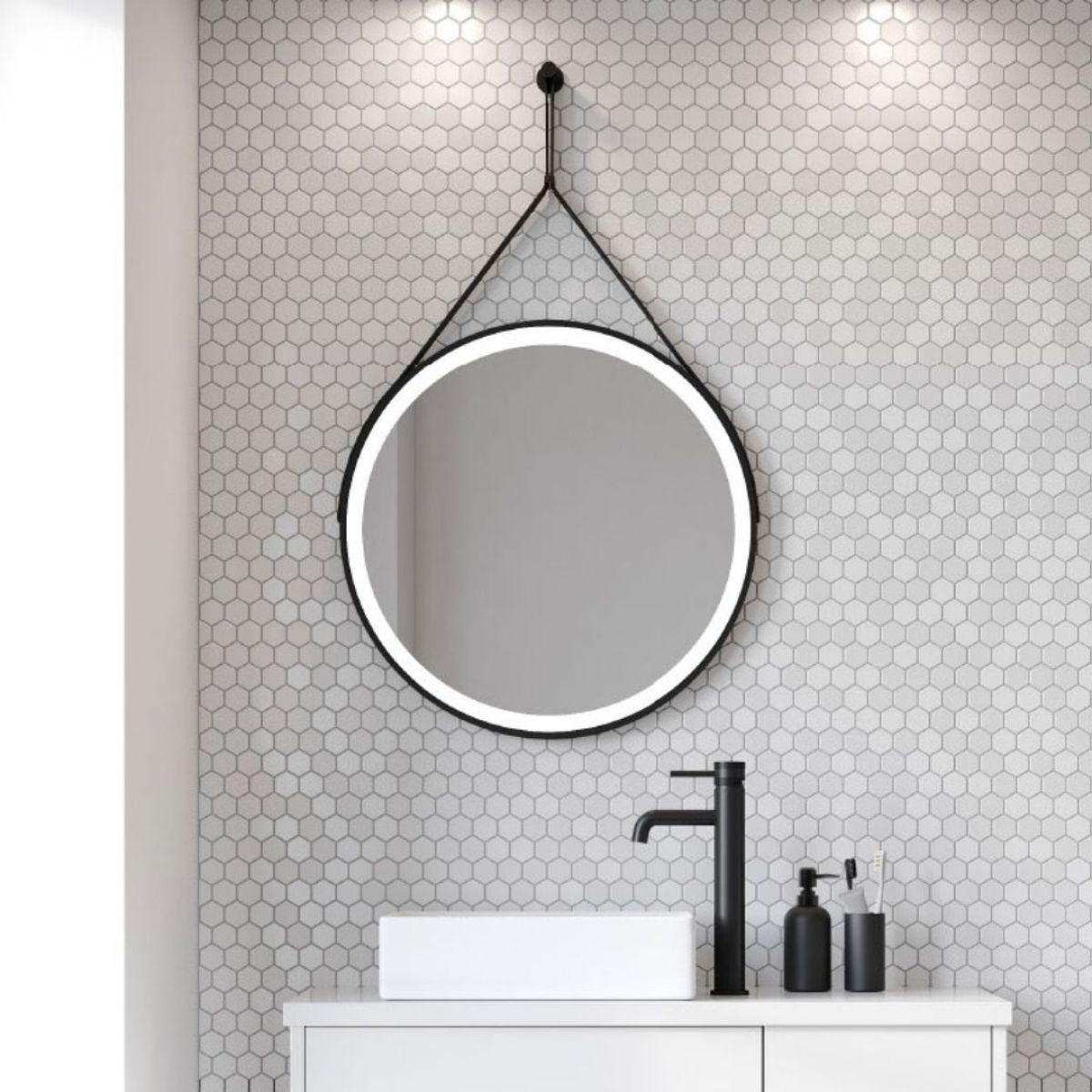 AM00128 - Amara Bainbridge Round LED Mirror in Matt Black - Coa Living