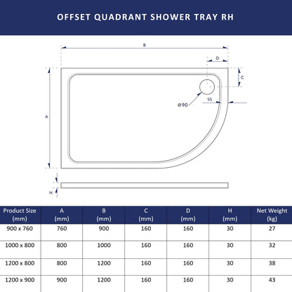 AM00540 - Amara Right-Handed Offset Quadrant Shower Tray - Coa Living