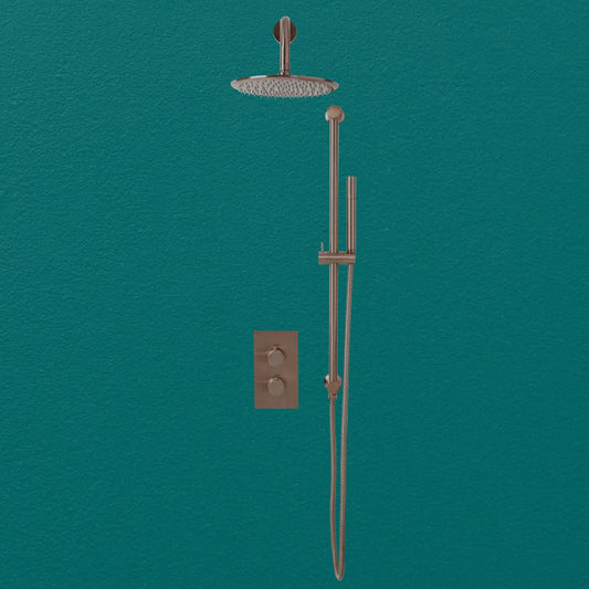 AM00591 - Amara Runswick Round Handle Valve with Shower Head and Handset Riser Kit in Brushed Bronze - Coa Living