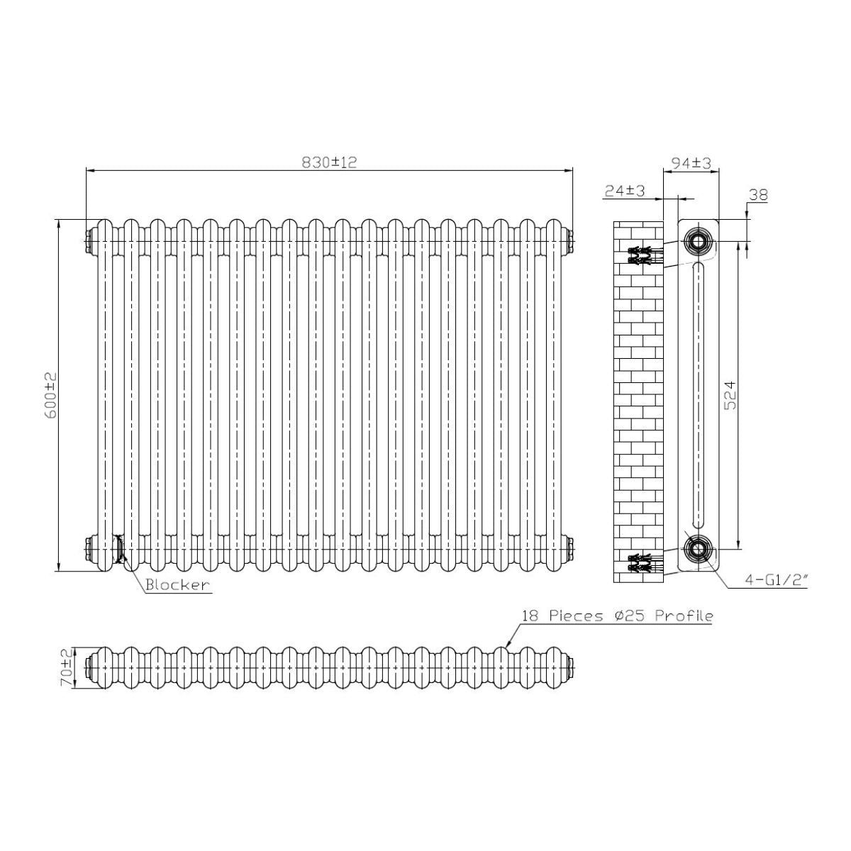 AM00629 - Amara 2 Column Horizontal Radiator in White - Coa Living