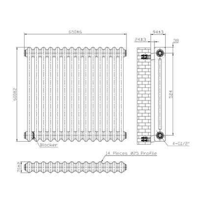 AM00629 - Amara 2 Column Horizontal Radiator in White - Coa Living