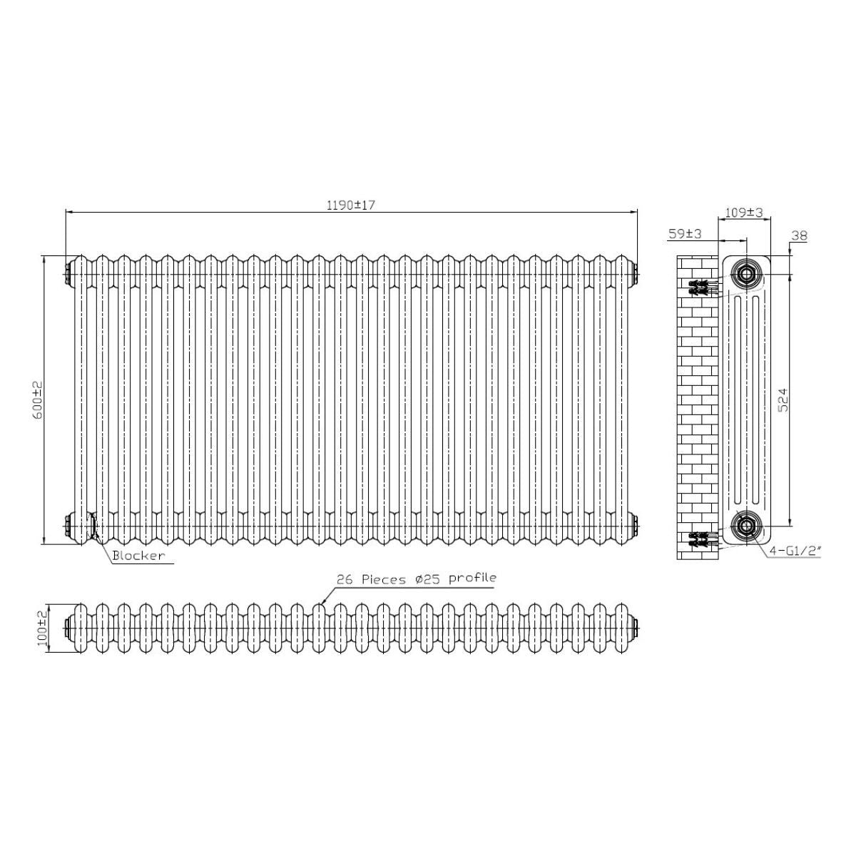 AM00641 - Amara 3 Column Horizontal Radiator in White - Coa Living