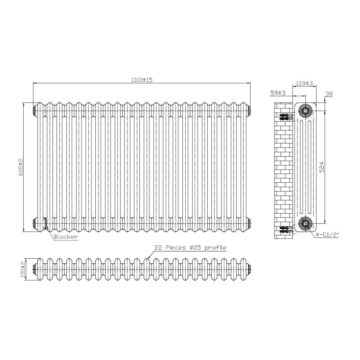 AM00641 - Amara 3 Column Horizontal Radiator in White - Coa Living