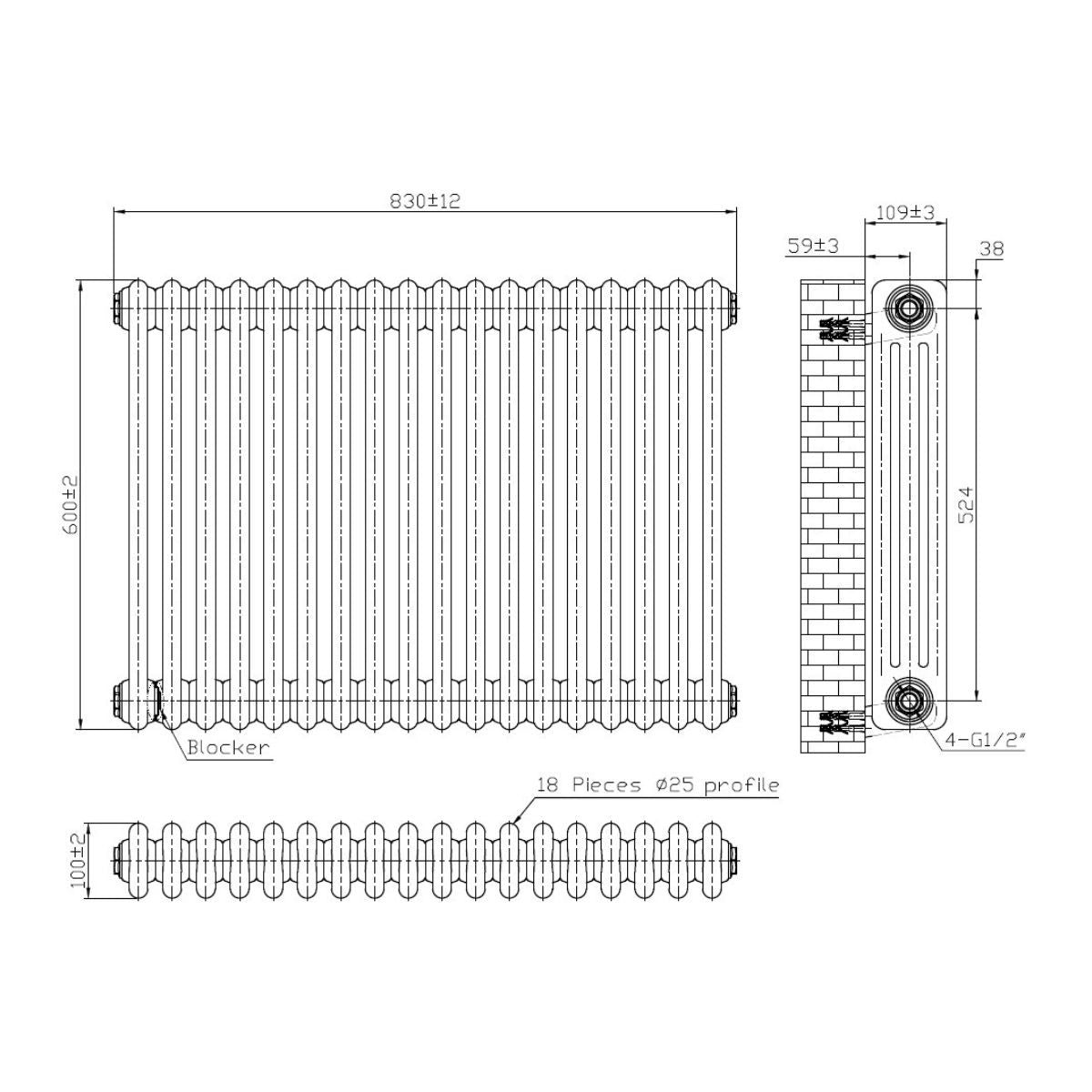 AM00641 - Amara 3 Column Horizontal Radiator in White - Coa Living