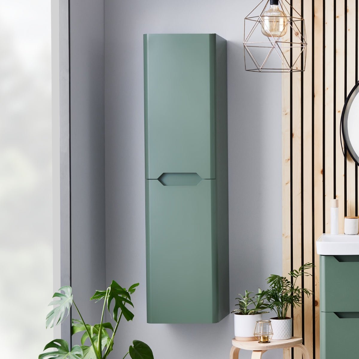 AM00828 - Amara Sawley Tall Wall Mounted Bathroom Cupboard in Matt Sage Green - Coa Living